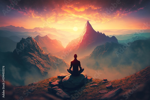 Yoga on mountain top at sunset, lonely man meditating outdoor, generative AI.
