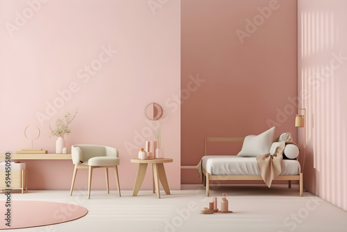 Minimal pastel pink living room interior composition with armchair, wooden coffee table and sofa, generative, AI, Generative AI.