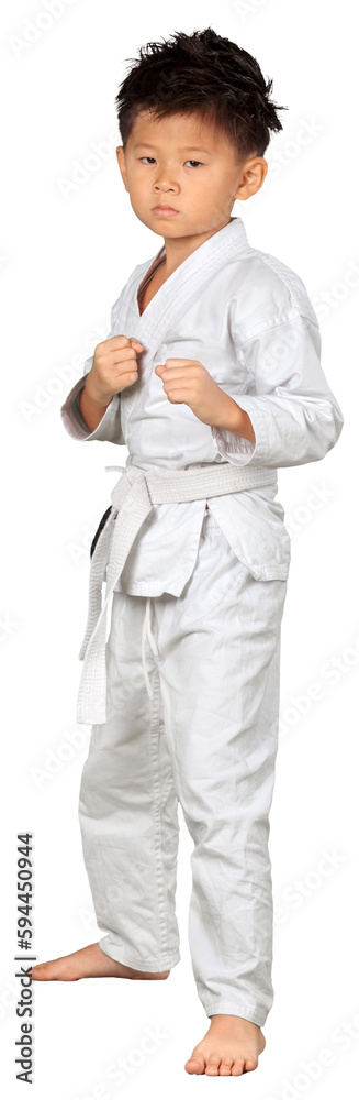 Asian Little Karate Boy in White Kimono on background Asian Little Karate Boy in White Kimono on background