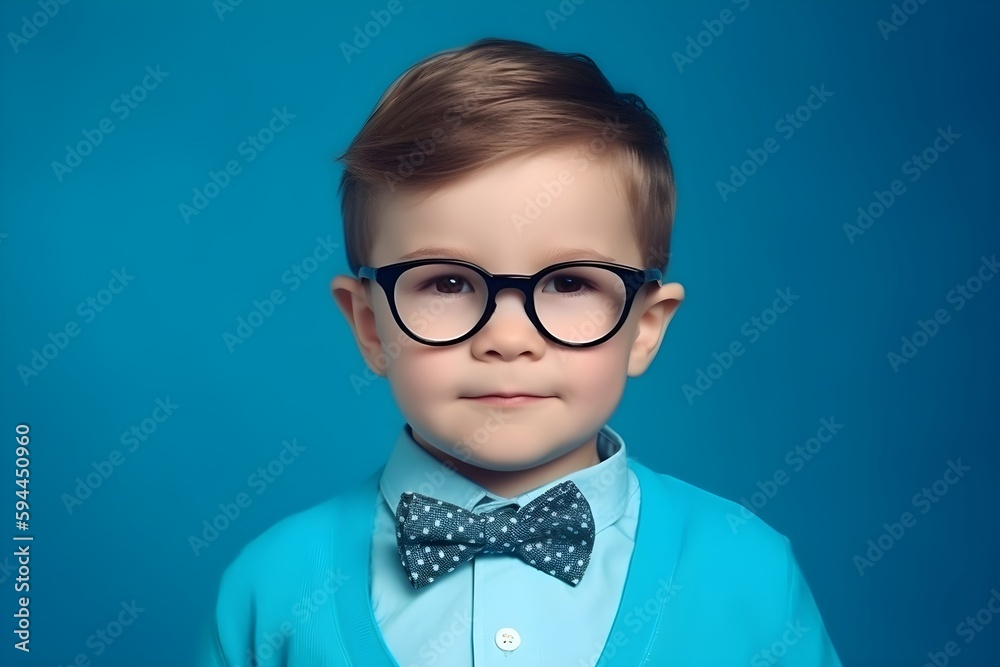 Generative AI Serious little boy in glasses on blue background. Little schoolboy with bow tie ready for learning. Back to school concept - obrazy, fototapety, plakaty 