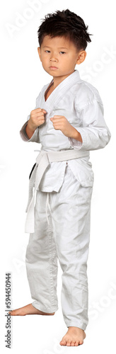 Asian Little Karate Boy in White Kimono on background