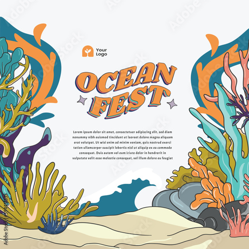 Ocean or marine design template for social media with fish coral and sea animals illustration