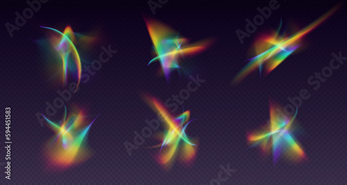 Crystal refraction overlay, leak flare, rainbow sunlight effect, holographic reflections isolated on a black background. Blurred optical rays, vintage camera glares. Vector illustration.
