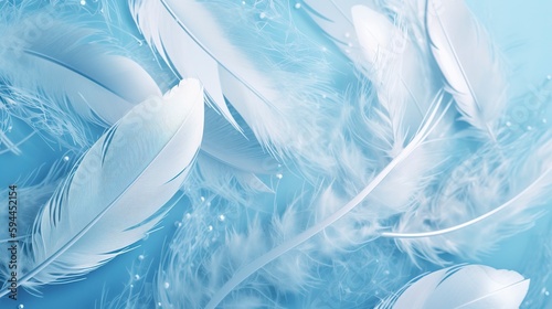 a bright blue background with one white feather, in the style of soft and dreamy pastels, glimmering light effects, nature inspired imagery, fairycore, soft focal points, generate ai photo