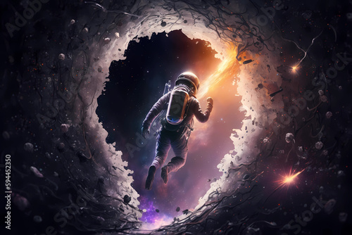 a galaxy emerges as an astronaut goes through a black hole, Generative AI © Vincent
