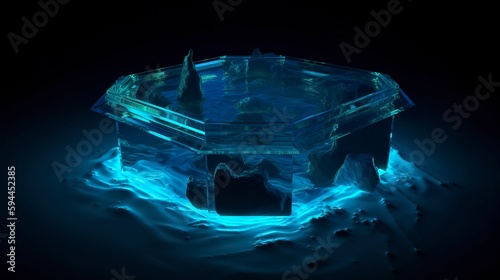 a neon light in blue glowing shape, in the style of bold geometric minimalism, quadratura, hyper-realistic water, dark emerald and light cyan, generat ai photo