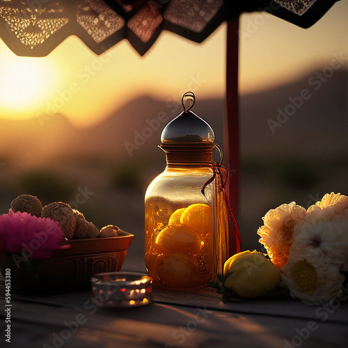 Ramadan poster with a photo of beautiful lantern decoration. Islamic greetings Ramadan Kareem card design background with beautiful gold.