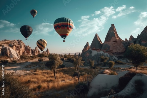 Many hot air balloon in sunset. Cappadocia Generative AI