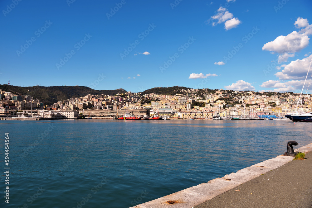 urban and coastal panorama of the port Genoa Italy