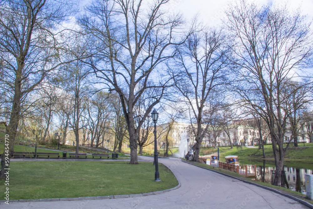 A beautiful view of the Riga Canal in Vermanes Garden, Riga, Latvia