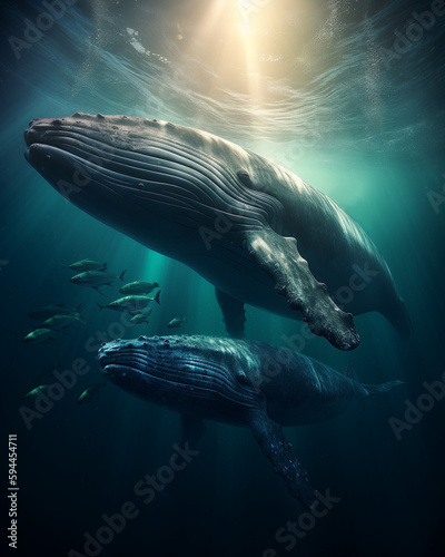 Generative AI, dad whale and baby whale in the open ocean swim underwater, rays of light through the water, love, family, marine animals, whales, father's day card, father and child, mother 