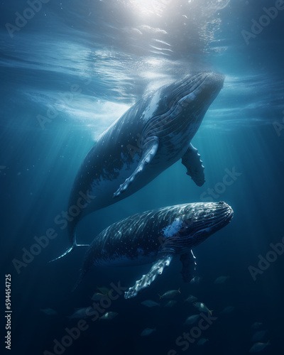 Generative AI  dad whale and baby whale in the open ocean swim underwater  rays of light through the water  love  family  marine animals  whales  father s day card  father and child  mother 