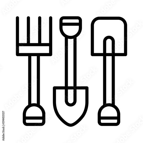 garden tool shovel rake hoe carpentry outline icon vector illustration