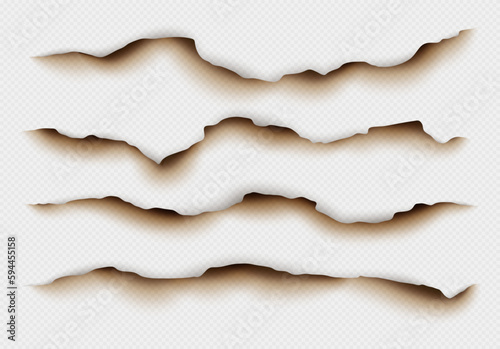 Burnt paper edges, scorched parchment, realistic torn edge with ash effect isolated on a light background. Vector illustration.