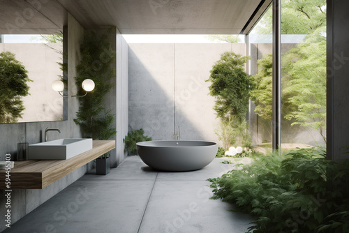 Luxury modern design indoor outdoor concrete bathroom with bathtub. Generative AI. photo
