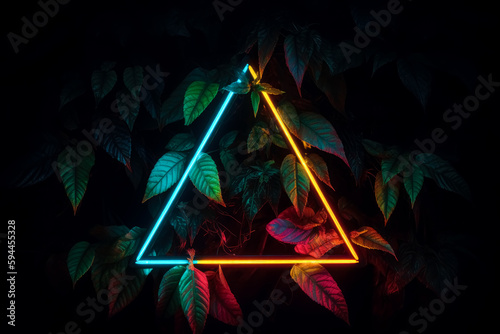Neon triangle surrounded by foliage  vintage aesthetics  modern. Generative Ai. 