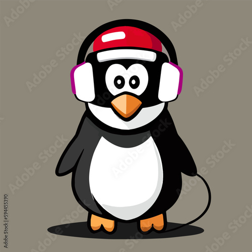 Cute mascot design for a penguin wearing a headset, flat cartoon design in a cool animal style. Suitable for book design, cards, website pages