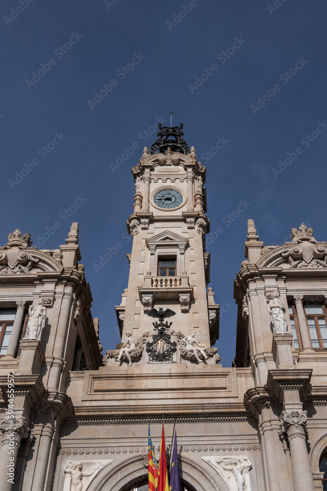 Valencia City Hall (Ayuntamiento de Valencia) built in an eclectic style in the 18th century is located on Valencia central Plaza del Ayuntamiento. VALENCIA, SPAIN.
