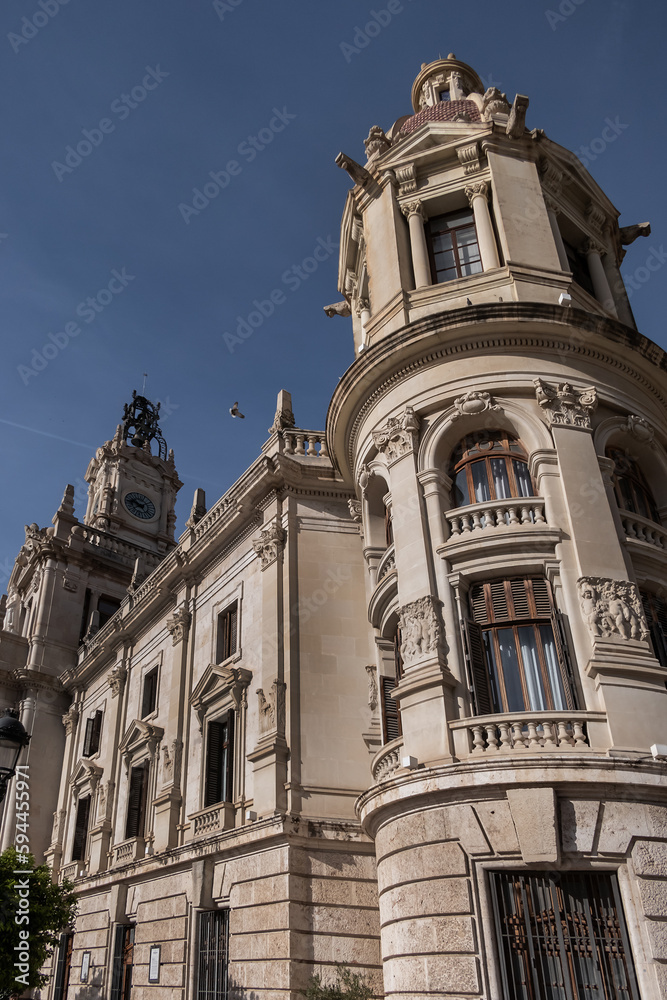 Valencia City Hall (Ayuntamiento de Valencia) built in an eclectic style in the 18th century is located on Valencia central Plaza del Ayuntamiento. VALENCIA, SPAIN.