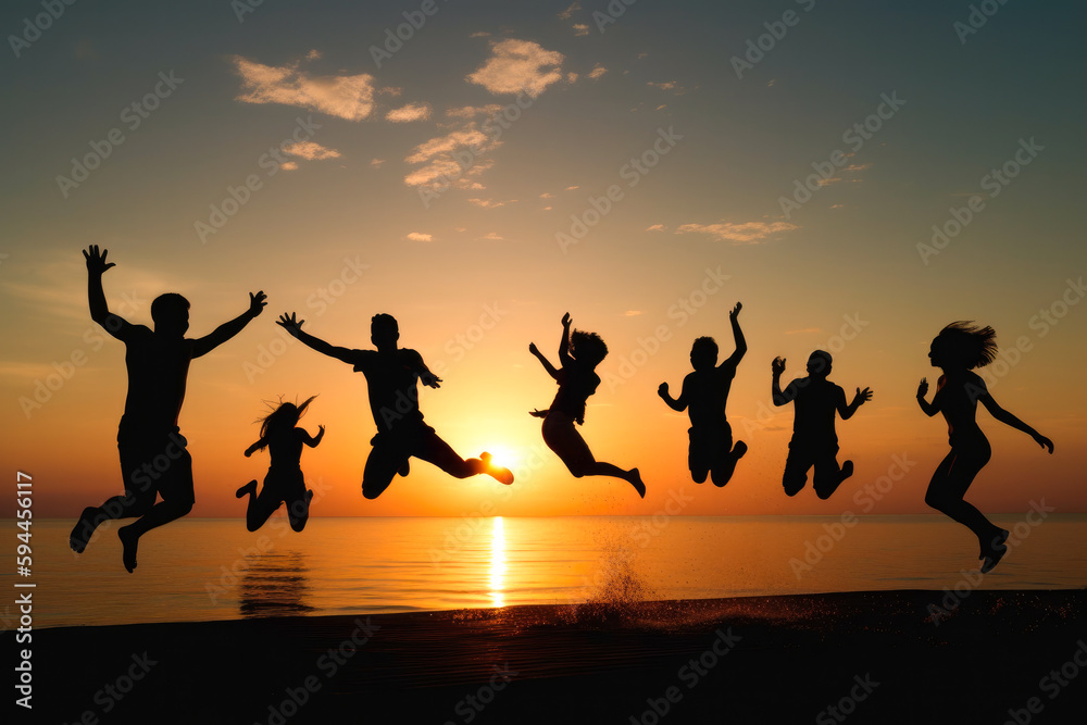 People jumping into a sea on the beach, mid air shot in late sunset, high quality generative ai People jumping into a sea on the beach, mid air shot in late sunset, high quality generative ai
