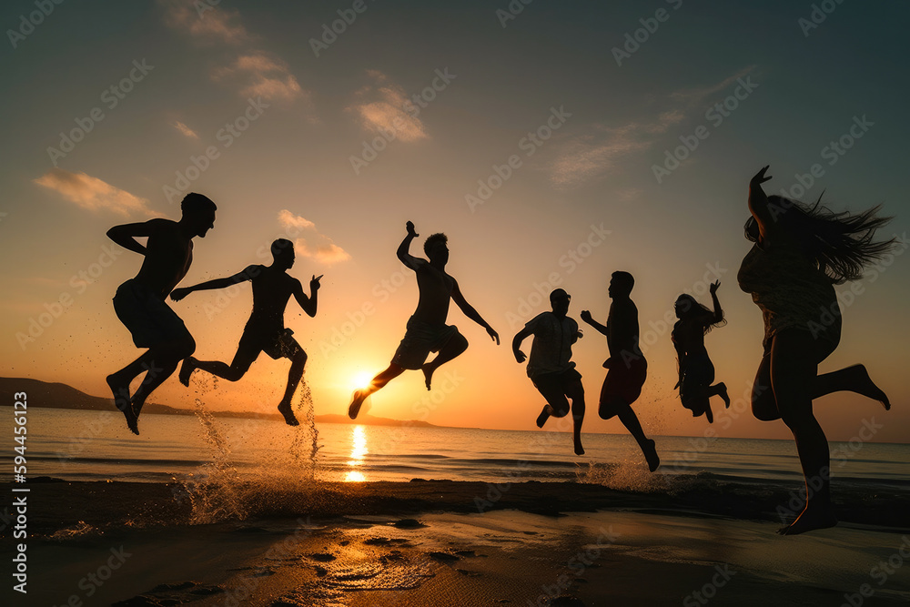 People jumping into a sea on the beach, mid air shot in late sunset, high quality generative ai