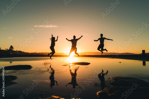 People jumping into a lake, mid air shot in late sunset, high quality generative ai © MVProductions