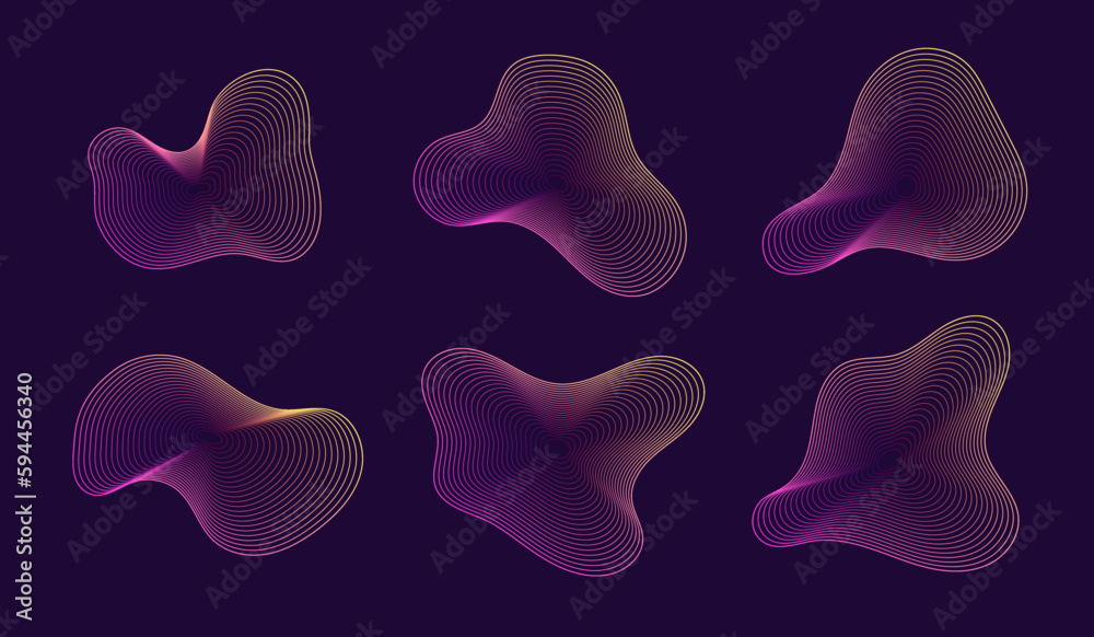 Dynamic amorphous shapes, abstract fluid forms with gradient, liquid shape made of lines with blend effect. Vector modern design elements.