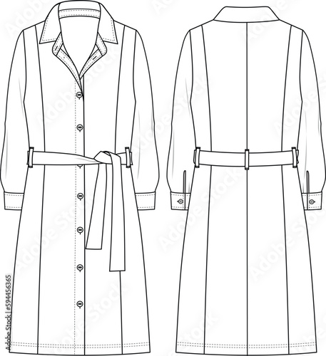 Women's Button-up, Belted Shirt Dress - Technical fashion illustration. Front and back, white colour. Women's CAD mock-up.