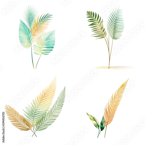 Tropical leaves watercolor set, generative ai illustration, hand drawn style