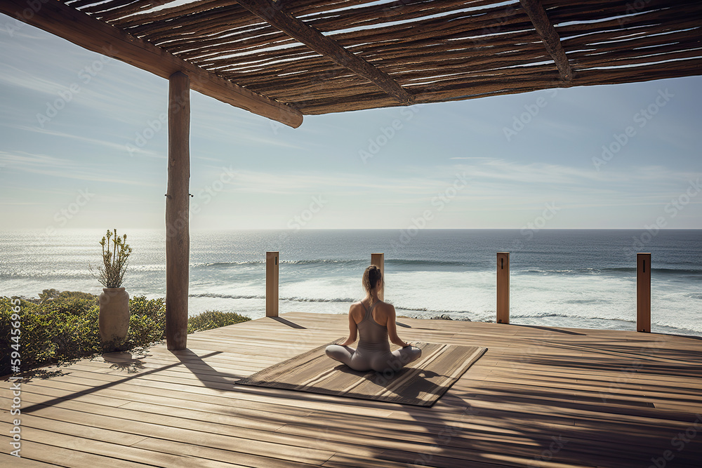 A woman sitting in a yoga position on a deck overlooking the ocean
