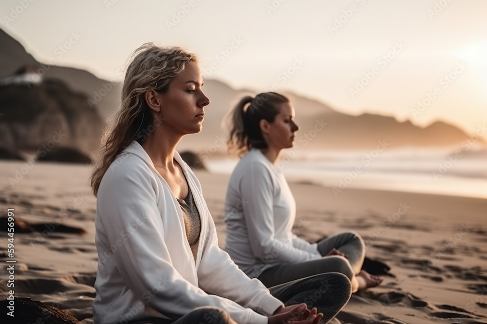 A couple of women practicing yoga sitting on top of a sandy beach