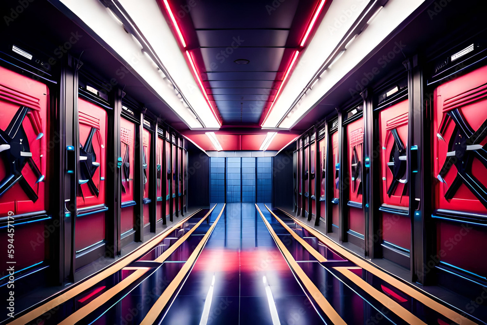 A hallway with neon lights and a black floor. Dark background of empty room, neon red light, concrete floor, smoke Generative AI A hallway with neon lights and a black floor. Dark background of empty room, neon red light, concrete floor, smoke Generative AI