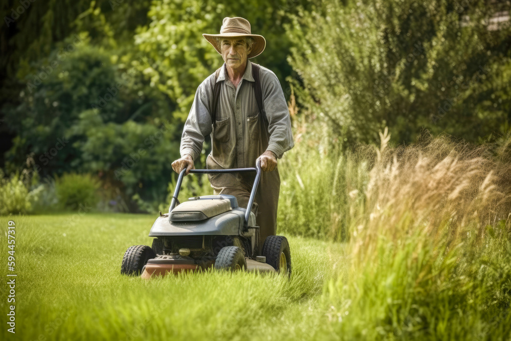 Fototapeta premium Older man mowing lawn on a sunny day, high quality generative ai