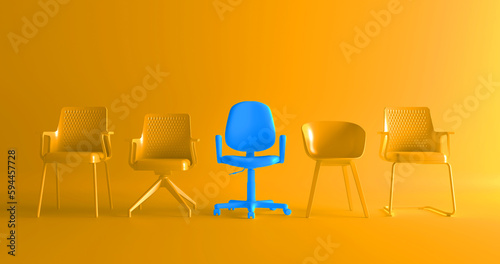 The blue chair that stands out from the crowd. Business concept 3D rendering. We are hiring. Leadship concept. photo