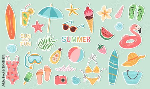 Set of summer stickers. Icons for tropical vacation. Seasonal elements collection. Flamingos, ice cream, pineapple, tropic leaves, cocktails, plumeria, watermelon, beach accessories.