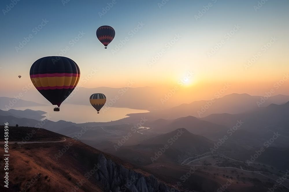 Hot air balloons flying over mountains, Generative AI