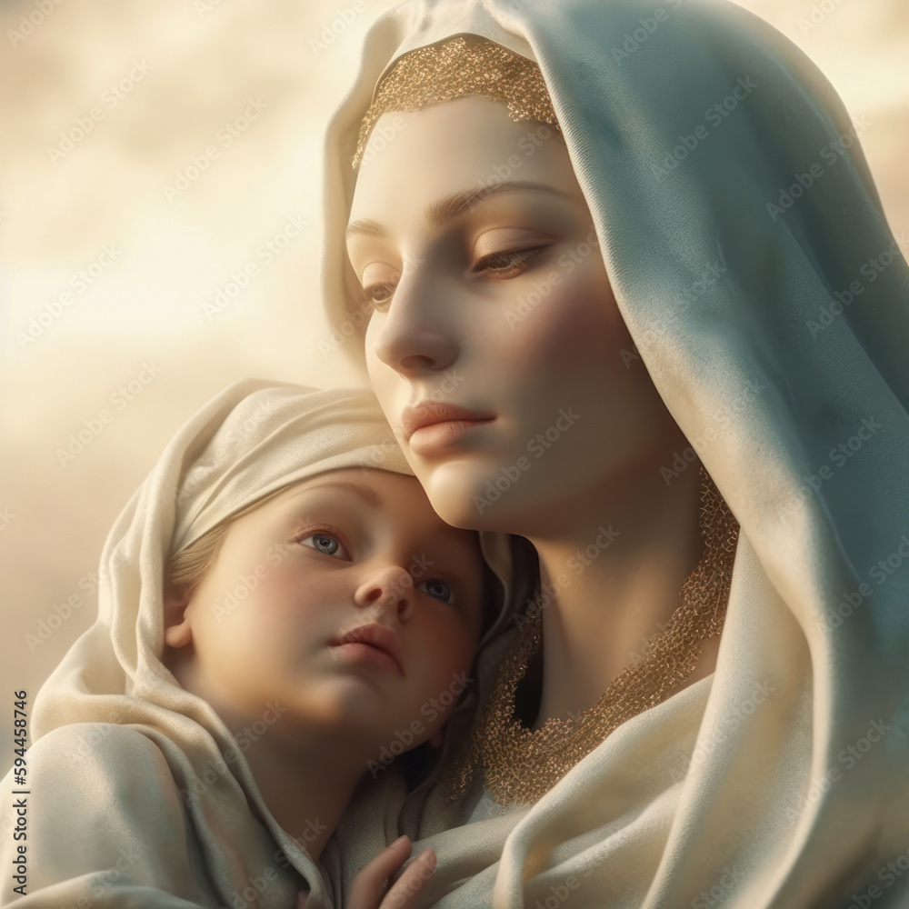 Holy Mary with baby Jesus. Mary and Jesus White background banner art. Generative AI - obrazy, fototapety, plakaty 