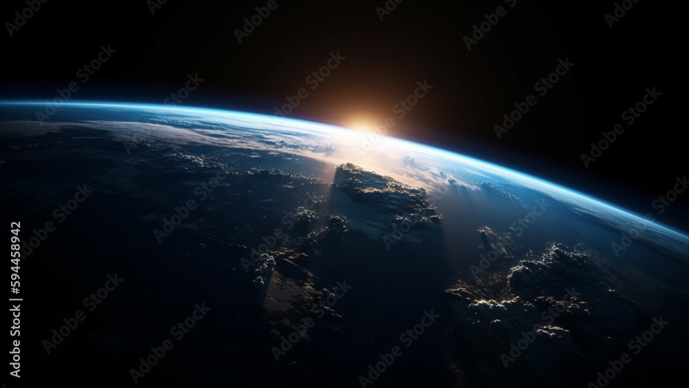 Fototapeta premium Blue sunrise, view of earth from space. Generative AI