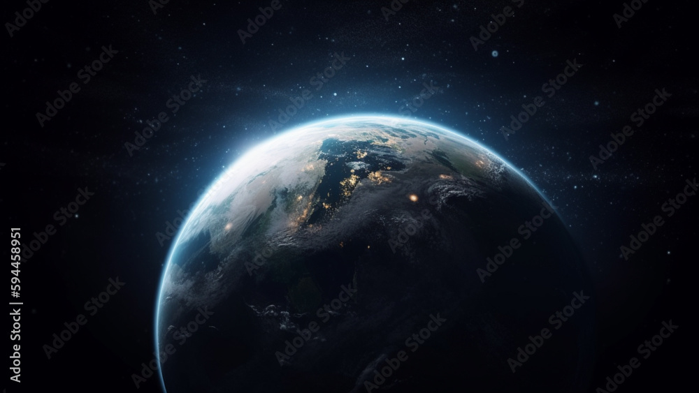 Naklejka premium Blue sunrise, view of earth from space. Generative AI