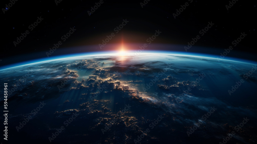 Blue sunrise, view of earth from space. Generative AI