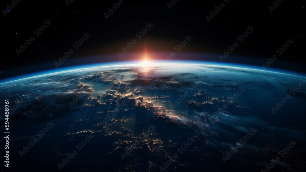 Fototapeta premium Blue sunrise, view of earth from space. Generative AI