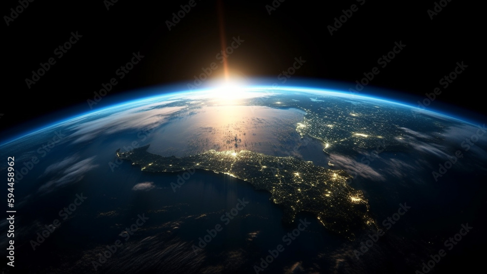 Fototapeta premium Blue sunrise, view of earth from space. Generative AI