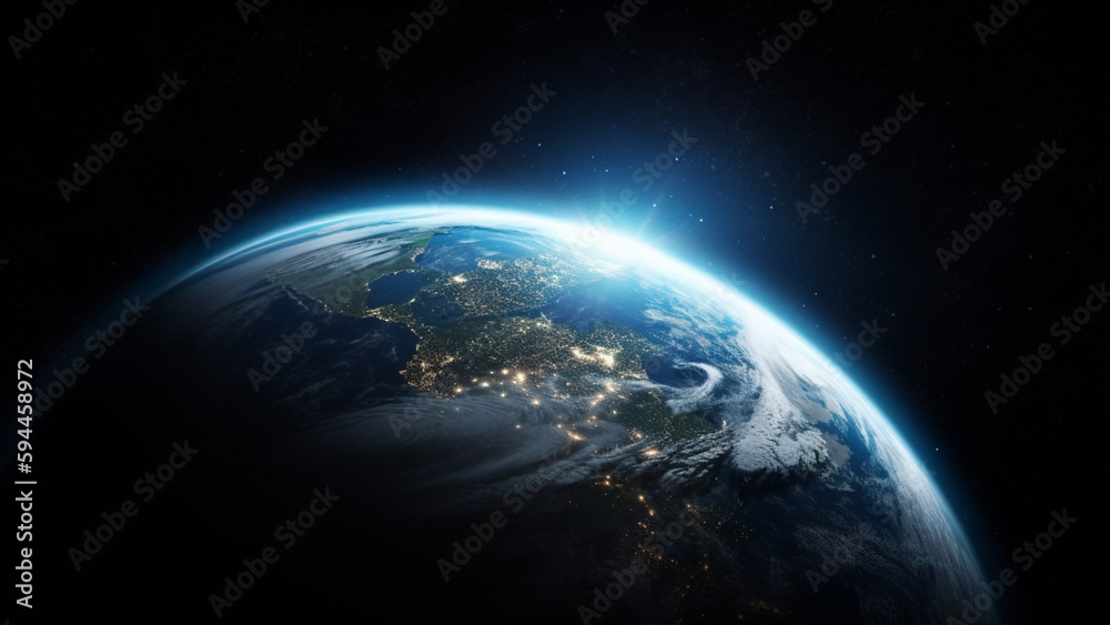 Obraz premium Blue sunrise, view of earth from space. Generative AI