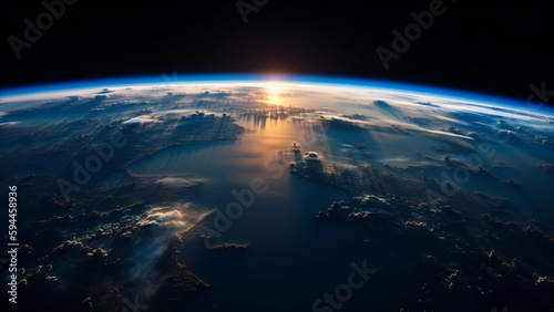 Blue sunrise, view of earth from space. Generative AI