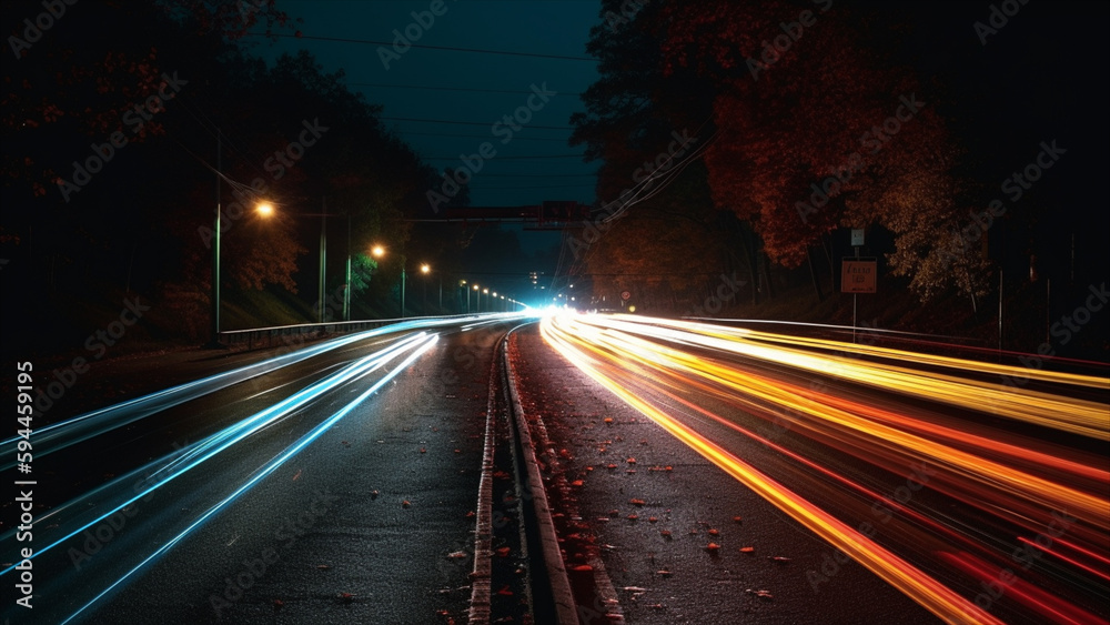 Light trails on the streets. Generative AI Light trails on the streets. Generative AI