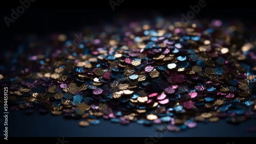 Pieces of gold on a pile of treasures isolated on a dark background. Generative AI