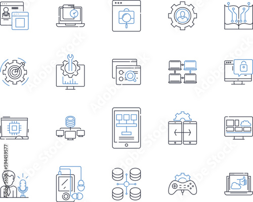Information systems line icons collection. Database, Nerking, Storage, Analytics, Security, Automation, Integration vector and linear illustration. Cloud,Artificial Intelligence,Business Intelligence