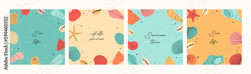 Set of summer modern backgrounds with hand draw colorful seashells, starfish and hand written text. Beautiful summer holidays posters. Vector templates for card, banner, invitation, social media post.