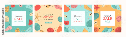 Summer sale banner template. Set of summer modern backgrounds with hand draw colorful seashells, starfish. Beautiful summer holidays posters. Vector templates for cards, invitation, social media post.