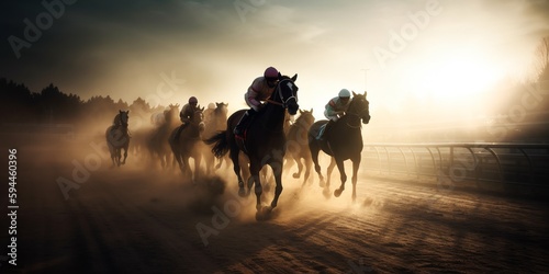 Horse racing competition. Horse racing. Horses. Generative AI. Horses compete with each other. Derby. Sport. Racing track. Racetrack © Ruslan Shevchenko